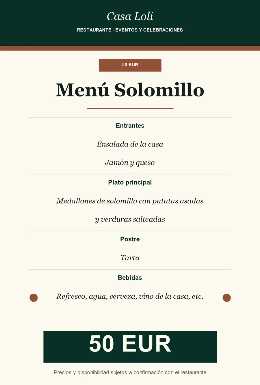 Dise&ntilde;o mejorado del men&uacute; de evento de 50 euros