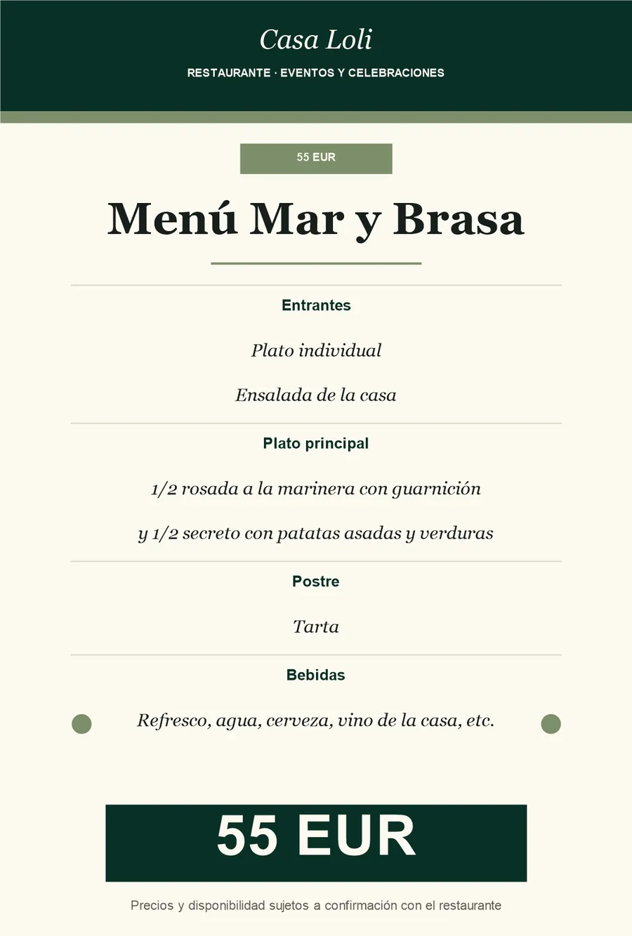 Dise&ntilde;o mejorado del men&uacute; de evento de 55 euros
