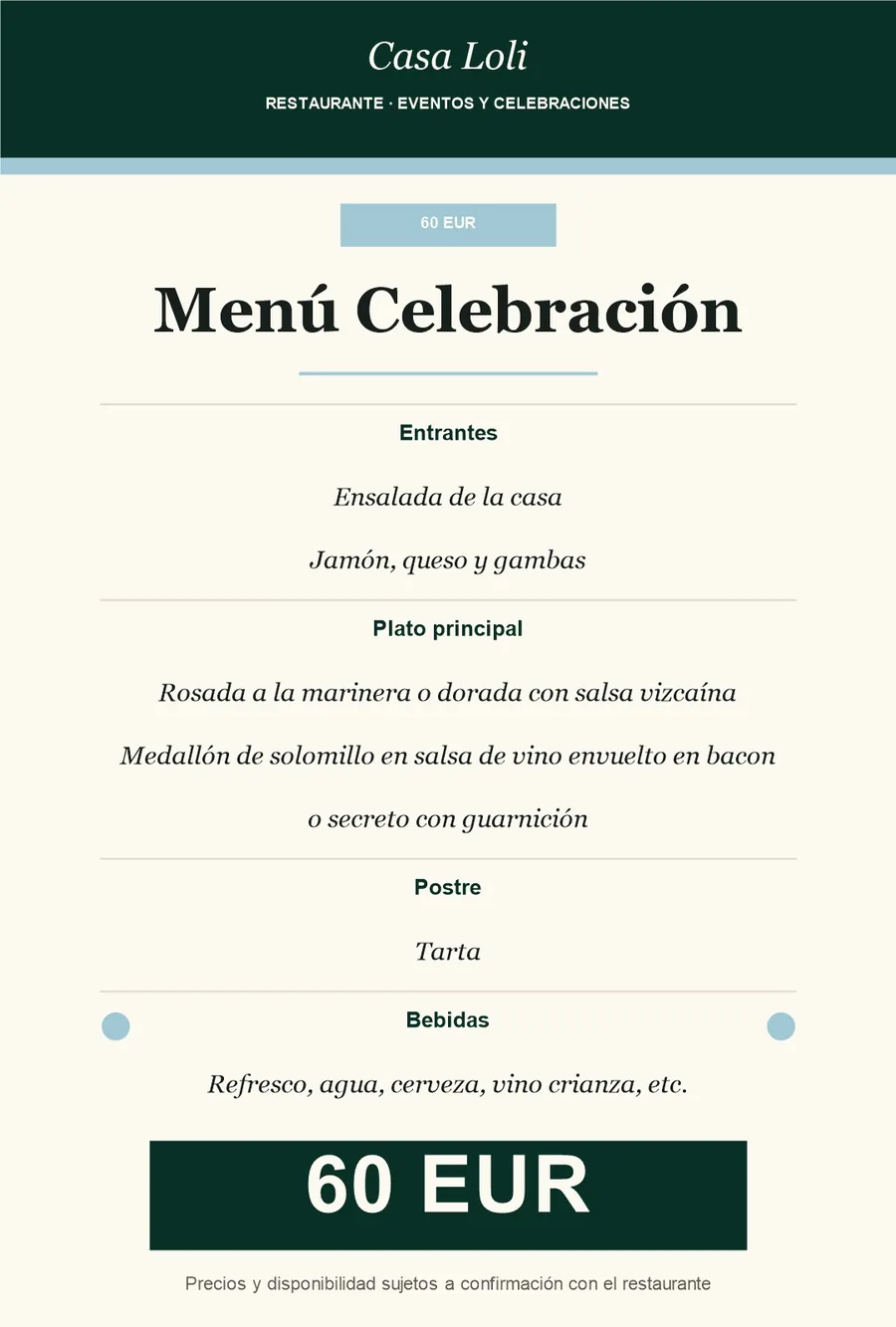 Dise&ntilde;o mejorado del men&uacute; de evento de 60 euros