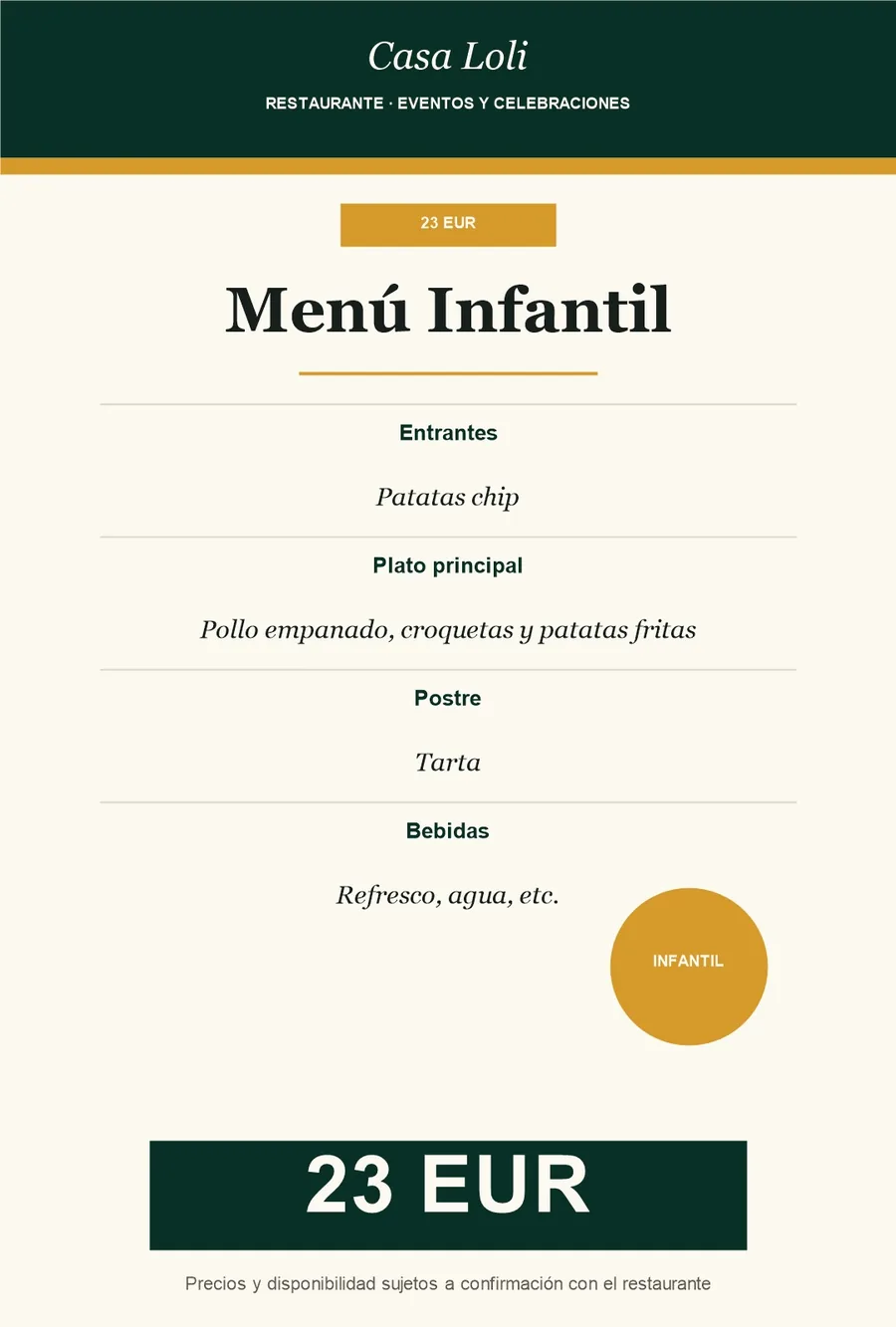Dise&ntilde;o mejorado del men&uacute; infantil de eventos de 23 euros
